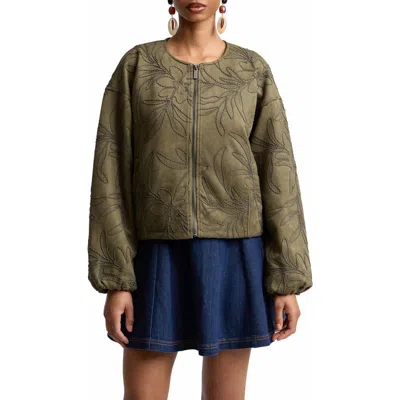 Bagatelle Leaf Embroidery Faux Suede Jacket In Green