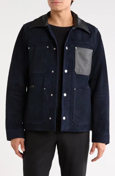 Bagatelle Leather Trucker Jacket In Navy