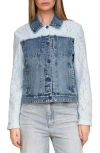 Bagatelle Mixed Media Denim Trucker Jacket In Blue