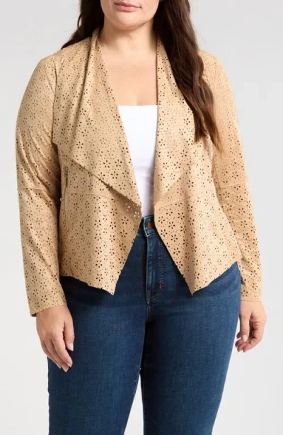 Bagatelle Perforated Floral Faux Suede Drape Jacket In Bleached Sand