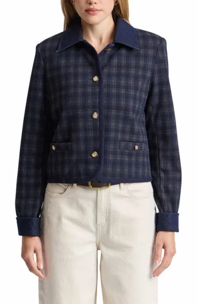 Bagatelle Plaid Cotton Denim Contrast Jacket In Deep Navy Plaid