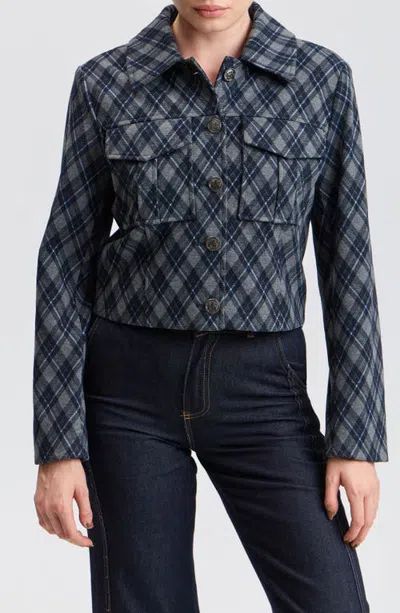Bagatelle Plaid Trucker Jacket In Grey/navy Plaid