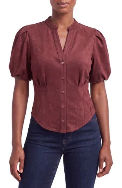 Bagatelle Puff Sleeve Faux Suede Shirt In Amber