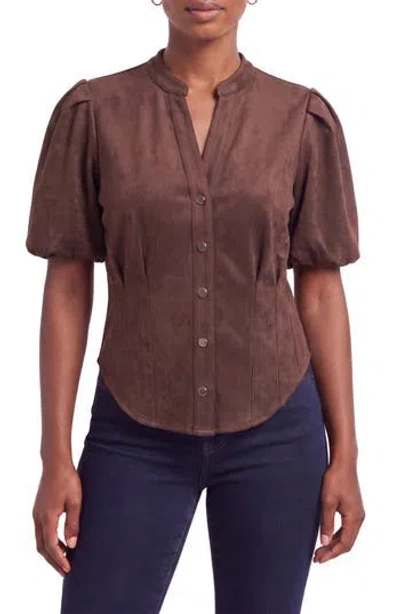 Bagatelle Puff Sleeve Faux Suede Shirt In Brown