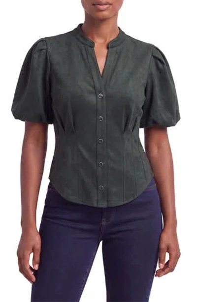 Bagatelle Puff Sleeve Faux Suede Shirt In Evergreen