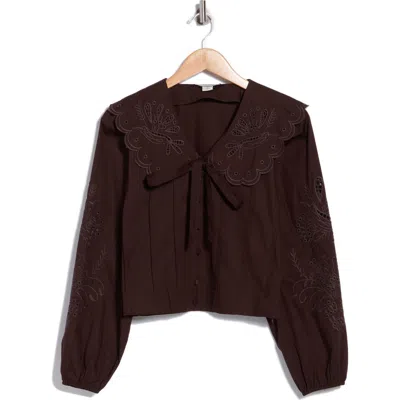 Bagatelle Scalloped Oversized Collar Embroidered Cotton Button-up Shirt In Brown