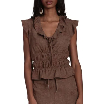 Bagatelle Tie Front Smocked Top In Brown