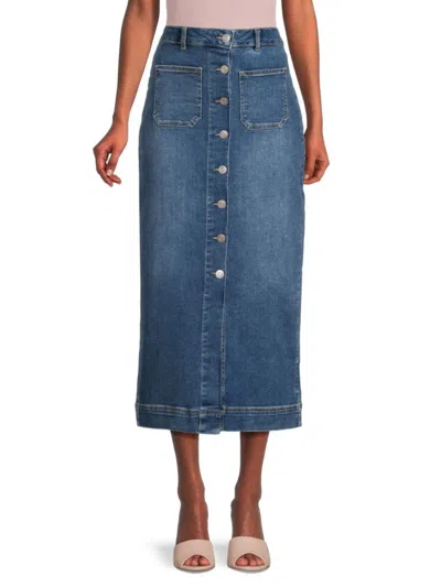 Bagatelle Women's Button Down Midi Denim Skirt In Sohowash Blue