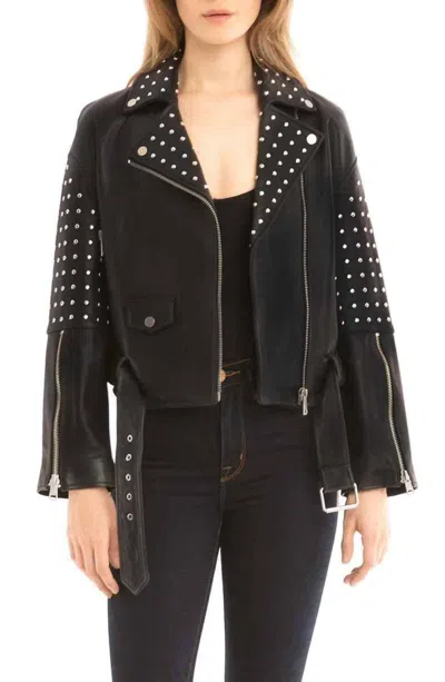 Bagatelle.city Belted Studded Moto Biker Asymmetrical Leather Jacket In Black