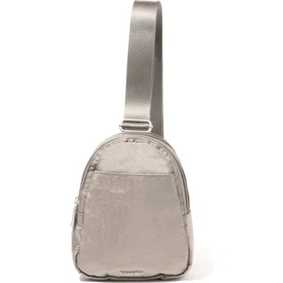 Baggallini Double Zip Mini Sling Bag In Sterling Shimmer