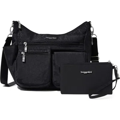 Baggallini Modern Everywhere Hobo Crossbody Bag With Wristlet In Black Cheetah Emboss
