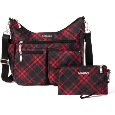 Baggallini Modern Everywhere Hobo Crossbody Bag With Wristlet In Crimson Tartan