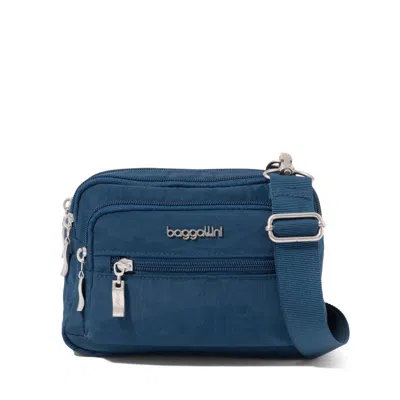 Baggallini Triple Zip Crossbody Bag With Wide Strap In Blue