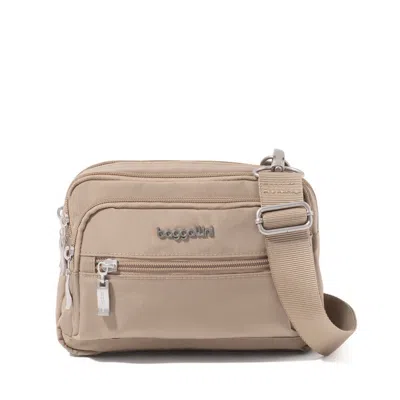 Baggallini Triple Zip Crossbody Bag With Wide Strap In Sand