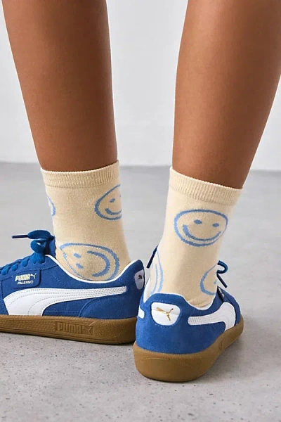 Baggu Happy Crew Sock In Ecru Periwinkle Happy, Women's At Urban Outfitters In Blue
