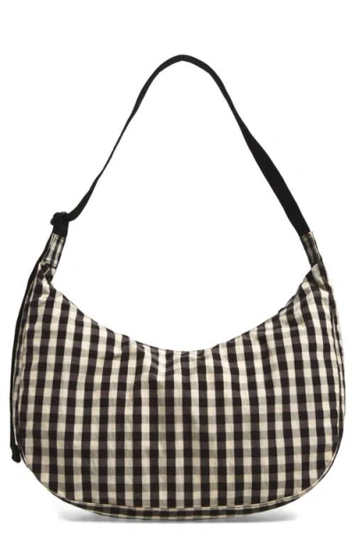 Baggu Large Recycled Nylon Crescent Crossbody Bag In Black And Cream Gingham