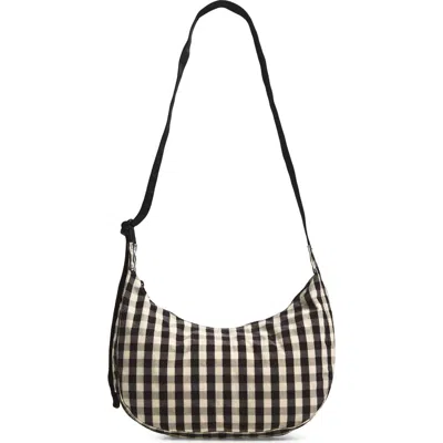 Baggu Medium Crescent Recycled Nylon Crossbody Bag In Black And Cream Gingham