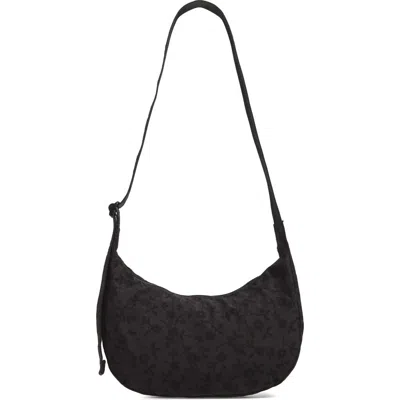 Baggu Medium Crescent Recycled Nylon Crossbody Bag In Charcoal Ditsy Floral