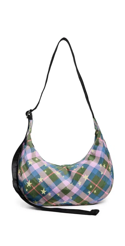 Baggu Medium Nylon Crescent Bag Green Star Plaid