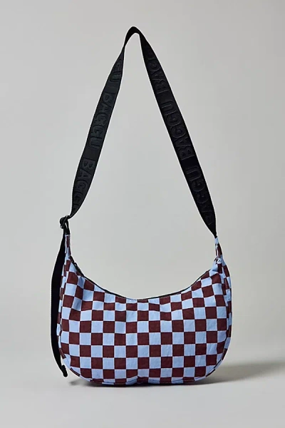 Baggu Medium Nylon Crescent Bag In Brown/blue Check - Uo Exclusive At Urban Outfitters In Brown/blue Check – Uo Exclusive