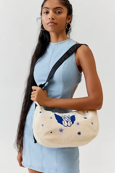 Baggu Uo Exclusive Cherub Embroidered Medium Nylon Crescent Bag In Cherub Embroidered, Women's At Urban Ou In White