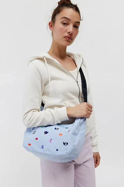 Baggu Uo Exclusive Embroidered Medium Nylon Crescent Bag In Charms Embroidery, Women's At Urban Outfitters In Blue