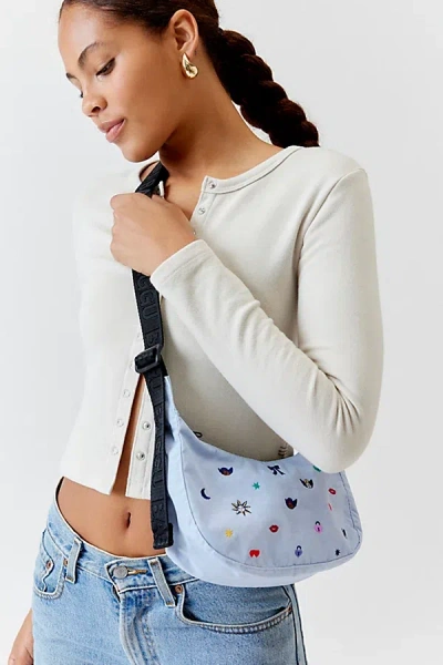 Baggu Uo Exclusive Embroidered Small Nylon Crescent Bag In Charms Embroidery, Women's At Urban Outfitters In Blue