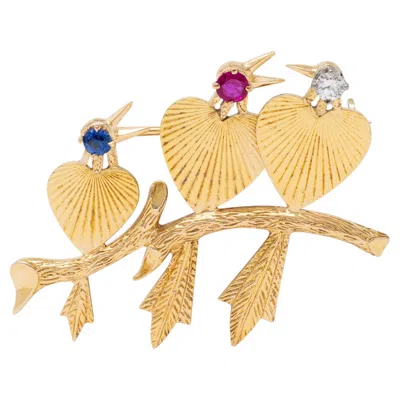 Pre-owned Bailey, Banks & Biddle Bailey Banks & Biddle Mid-century Multi-gem 14k Gold Vintage Heart Birds Brooch