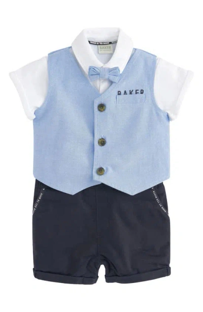 Baker By Ted Baker Babies' Faux Three-piece Cotton Romper & Bow Tie Set In Blue