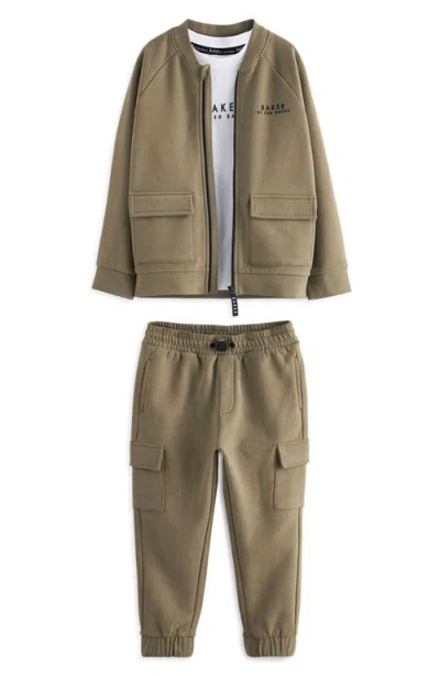 Baker By Ted Baker Kids' Bomber Jacket, Graphic T-shirt & Cargo Joggers Set In Green