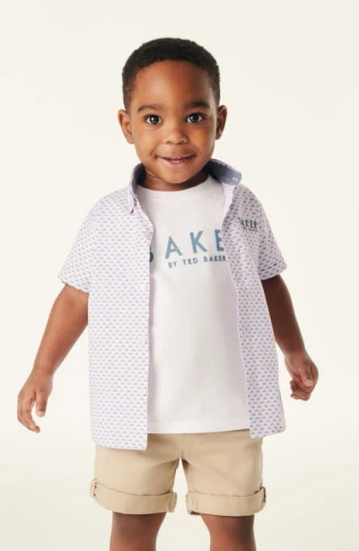 Baker By Ted Baker Kids' Cotton Graphic T-shirt & Print Short Sleeve Button-down Shirt Set In Pink