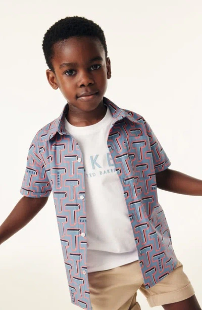 Baker By Ted Baker Kids' Cotton Graphic T-shirt & Print Short Sleeve Button-up Shirt Set In Blue