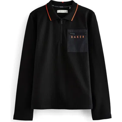 Baker By Ted Baker Kids' Long Sleeve Half Zip Cotton Polo In Black