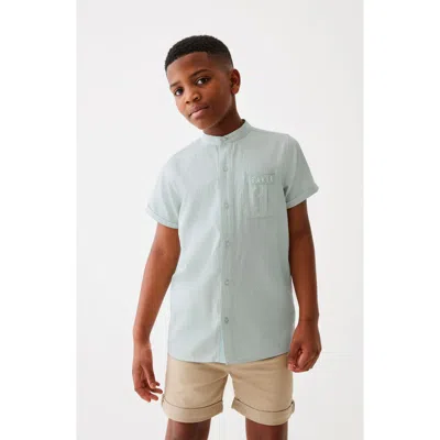 Baker By Ted Baker Kids' Short Sleeve Band Collar Cotton Button-up Shirt In Green