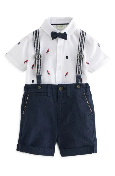 Baker By Ted Baker Kids' Short Sleeve Button-up Shirt, Shorts, Bow Tie & Suspenders Set In Blue