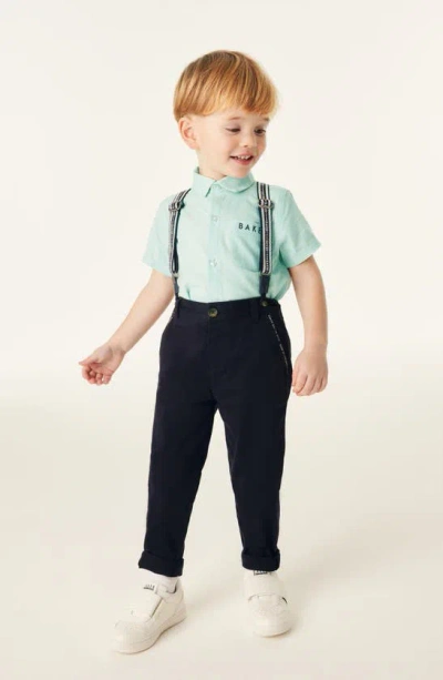 Baker By Ted Baker Kids' Short Sleeve Button-up Shirt, Trousers & Suspenders Set In Green Multi