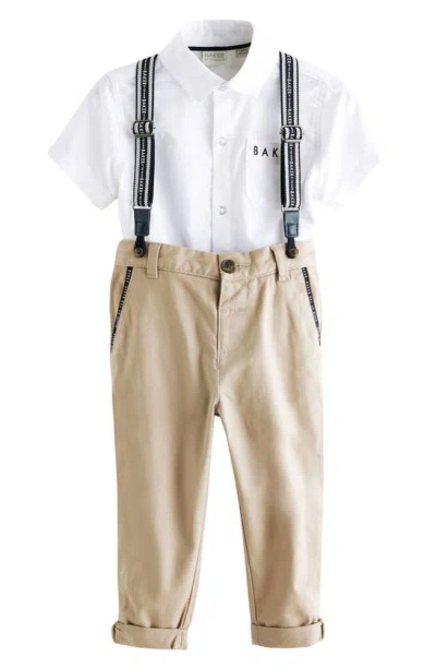 Baker By Ted Baker Kids' Short Sleeve Button-up Shirt, Trousers & Suspenders Set In Natural