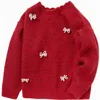 Balabala Cherry Red Knit Sweater With Pearl Bows