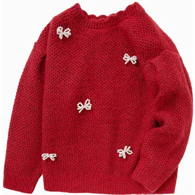Balabala Kids'  Cherry Red Knit Sweater With Pearl Bows