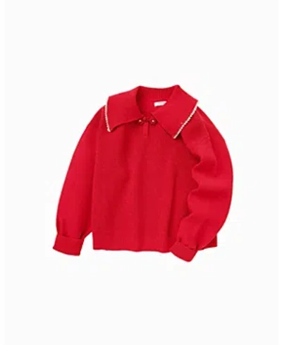 Balabala Girls' Bunny Graphic Lapel Sweater - Little Kid, Big Kid In Red