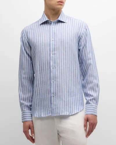Baldassari Men's Linen Stripe Casual Button-down Shirt In Blue/white/blue