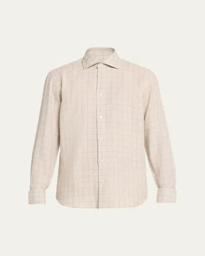 Baldassari Men's Linen Windowpane Check Button-down Shirt In Gold