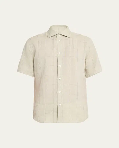 Baldassari Men's Linen Windowpane Check Short-sleeve Shirt In Gold