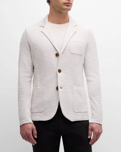 Baldassari Men's Moulinè Cotton Knit Sweater Jacket In White Cream