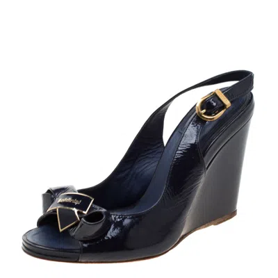 Baldinini Blue Leather Bow Wedge Ankle Strap Sandals