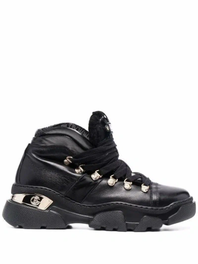 Baldinini Chunky-soled Black Leather Ankle Boots With Padded Collar And Metallic Accents