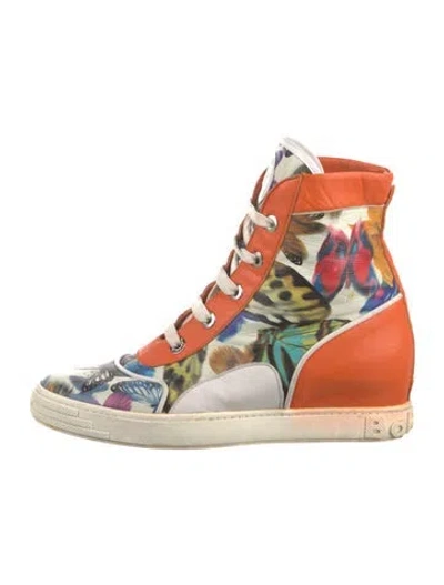 Pre-owned Baldinini Leather Graphic Print Wedge Sneakers In Orange/yellow