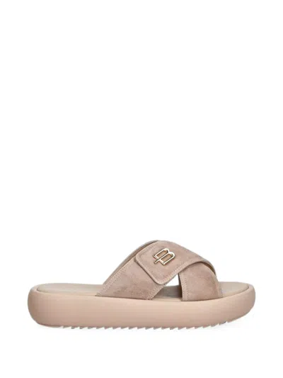 Baldinini Logo-plaque Crossover-strap Suede Slides In Neutral