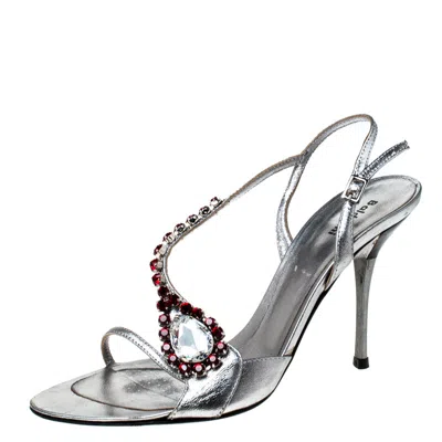 Baldinini Metallic Silver Leather Crystal Embellised Ankle Sandals