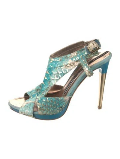 Pre-owned Baldinini Snakeskin Animal Print T-strap Pumps In Blue